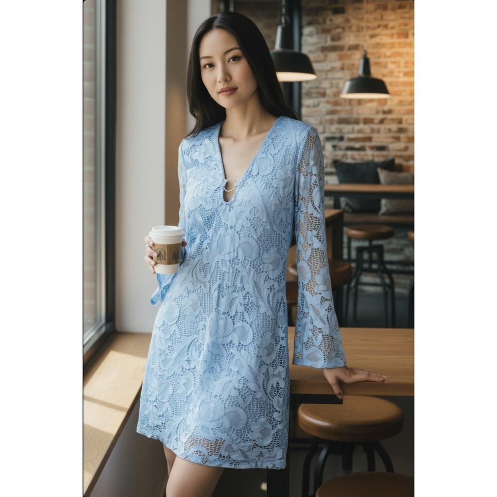 ALEXIA ADMOR Baby Blue Lace Cottagecore Mini Dress Size 10 Retro 90s Party Flare